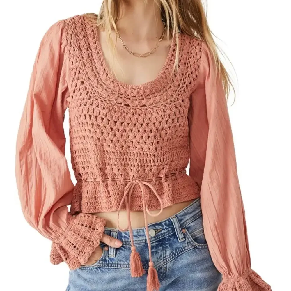 Free People Open Back Crochet Boho Top Dusty Rose Large NWT